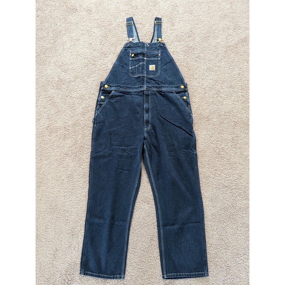 Carhartt Denim Bib Overall Mens 42x32 Loose Fit Model OR4672-M Dark Wash NWT